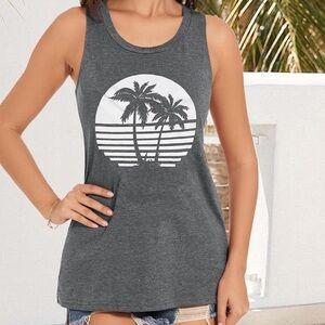 Gray Sleeveless Palm Tree Tank Top